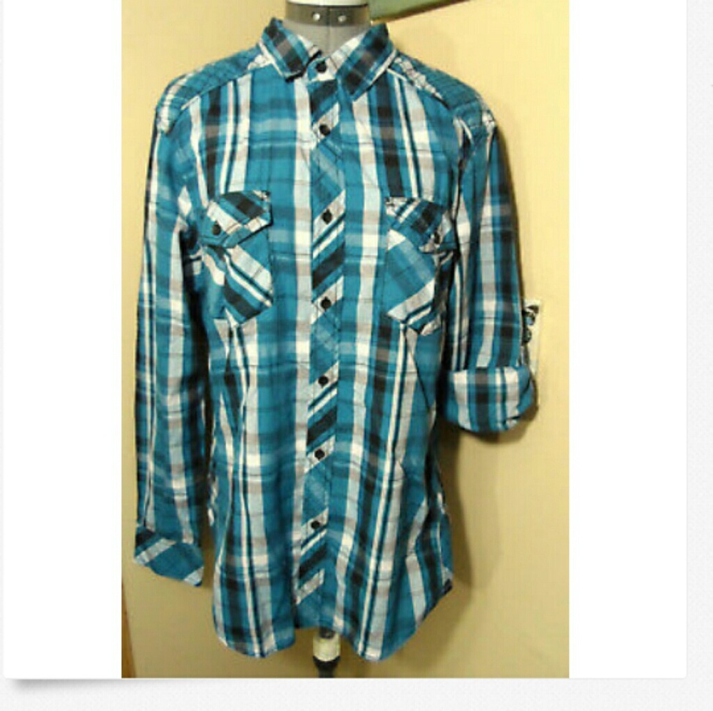 SURPLUS Western Shirt L Blue Black plaid Cowboy LS
